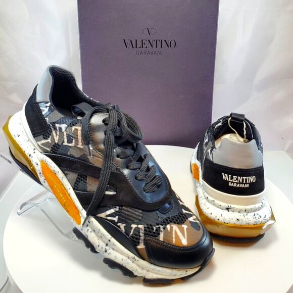 NWT$900 VALENTINO Men Bounce Camouflage Leather Mesh Black Sneakers Sz 42 (US 9) - Picture 2 of 16